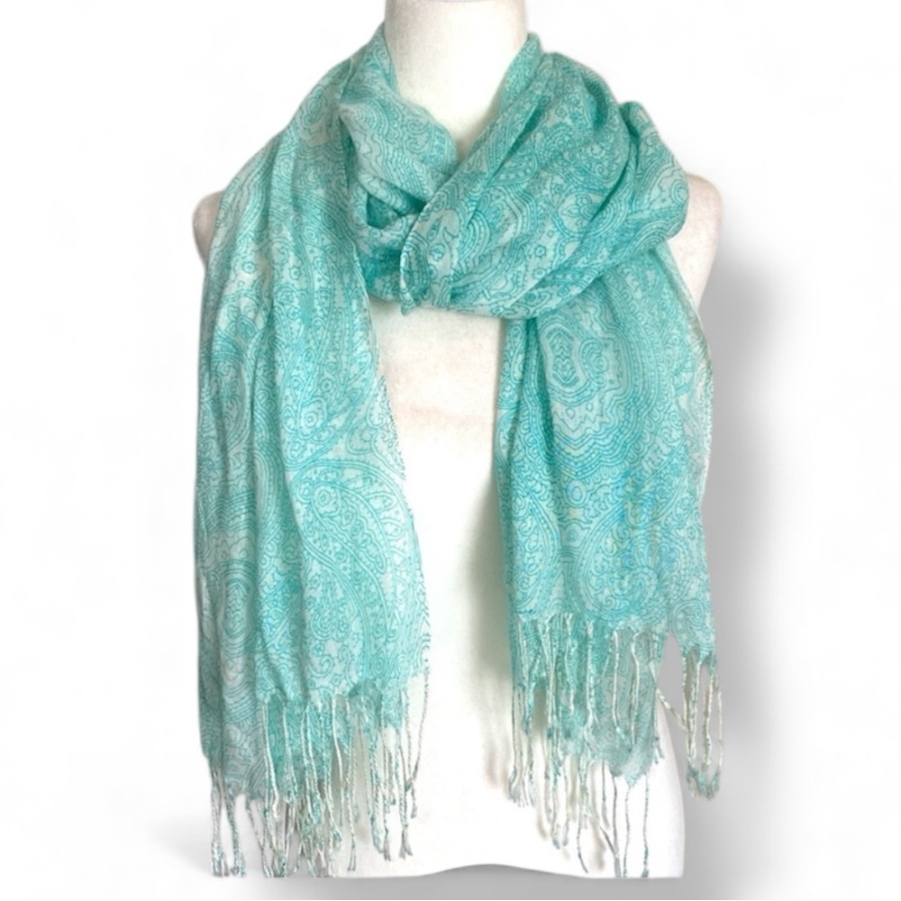 Teal Paisley Whimsical Bohemian Tassel Detail Scarf Artsy Spring Easter